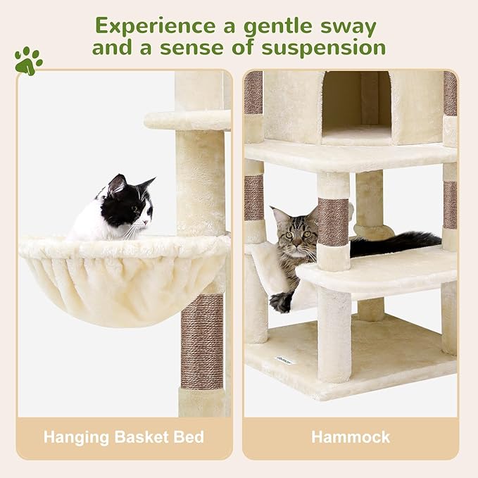 Globlazer Corner Cat Tree for Large Cats, 66inch Tall Curved Series Large Cat Tower for Multiple Indoor Cats with 6 Scratching Posts, 2 Spacious Cat Condos, Hammock, Hanging Basket, C66, Beige