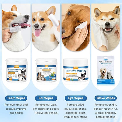 Dog Wipes Cleaning Deodorizing, Dog Grooming Wipes & Dog Paw Cleaner, Pet Cleaning Kit for Teeth, Ears, Eyes, Paw, Body, Dog Ear Rinse, Essential Dog Supplies Set
