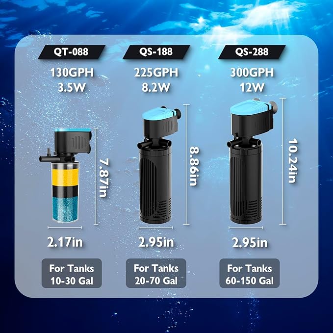 AquaMiracle Submersible Aquarium Filter 3-Stage in-Tank Filter with Dual Water Outlet & Aeration, Water Flow Adjustable 225GPH Internal Fish Tank Filter for 20-70 Gallon Aquariums
