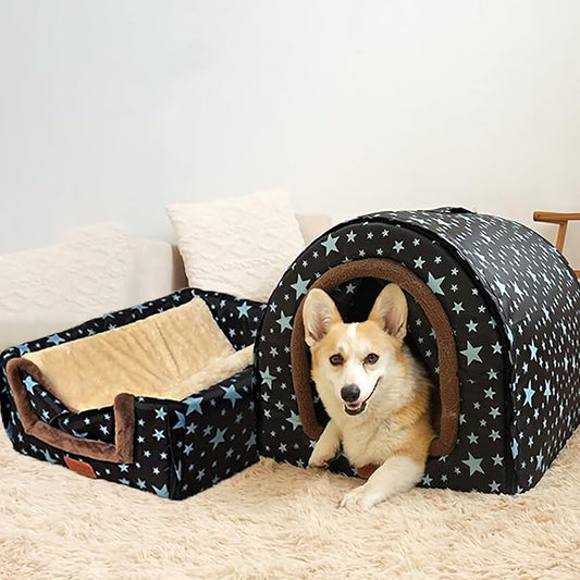 2 in 1 Extra Large Pet Winter House Convertible to Bed with Warm Cushion Mat, 2 Way Indoor Outdoor Warm Dog House Bed, Removable Washable Cover (XL Starry Sky)