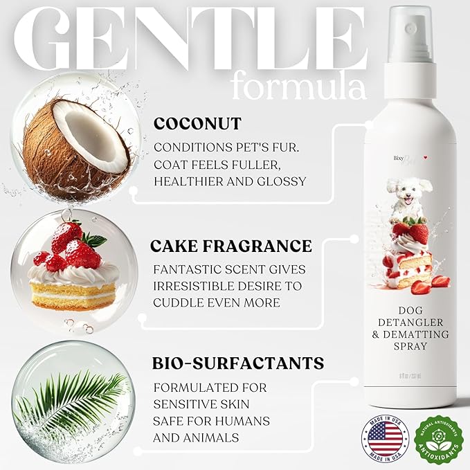 Dog Detangler Spray with Shortcake Fragrance - Natural Pet Nose Friendly Ingredients Used for Sensitive Skin - Dog Leave in Conditioner for Poodles - Made in USA - Pet Perfume Spray Long Lasting 8 oz