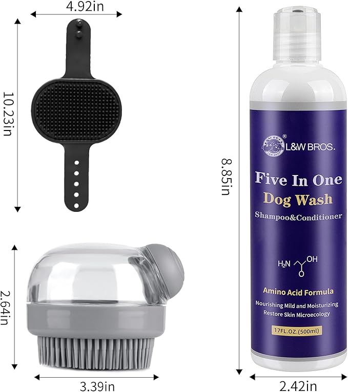 Comotech 3PCS Dog Bath Kit | 5-1 Dog Shampoo and Conditioner | Dog Bath Brush | Dog Scrubber For Bath | Amino Acid Formula (Natural Coconut Oil) Suitable for Puppies and All Pets with Hair - 17oz