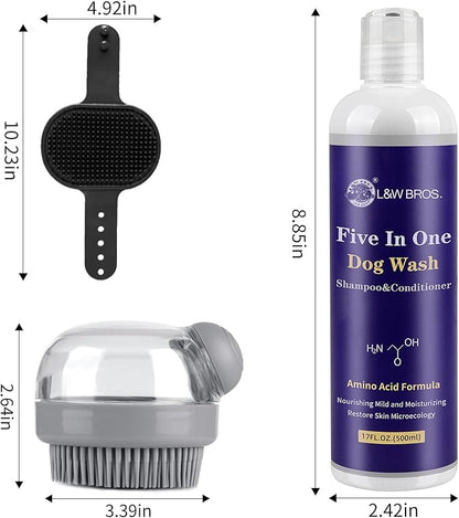 Comotech 3PCS Dog Bath Kit | 5-1 Dog Shampoo and Conditioner | Dog Bath Brush | Dog Scrubber For Bath | Amino Acid Formula (Natural Coconut Oil) Suitable for Puppies and All Pets with Hair - 17oz