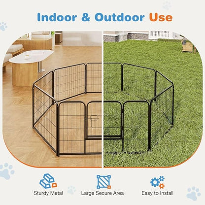 Dog Playpen, 8 Panel 32 Height Puppy Fence Exercise Pen for Yard Gate, Indoor Outdoor Heavy Duty Anti-Rust Metal Playpens with Doors Portable for RV Camping - Small/Medium/Large Pets