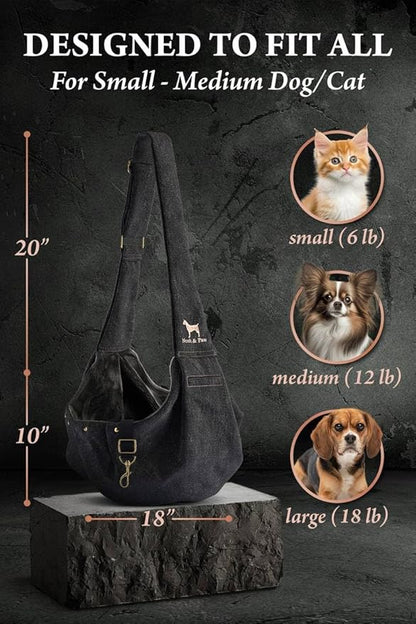 Noah & Paw Dog Sling Carrier for Small Dogs 5-18lb, Dog Sling for Small Dogs and Cats, Dog Carrier with Adjustable Padded Strap, Premium Denim, Lined with Fur, Double Safety Feature, Machine Washable