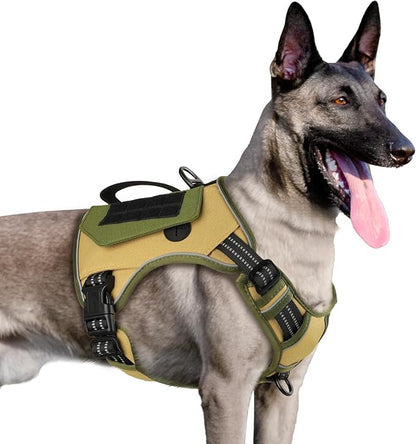 WINGOIN Tactical Dog Harness for Extra Large Dogs, No Pull Harness with Handle Pockets Poop Bag, Reflective Dog Vest, Military Service Heavy Duty Big Dog Harness for Walking Hiking Training, Khaki, XL