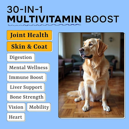 Dog Vitamins + Glucosamine - Chewable Multivitamins + Probiotics, Omega - Hip & Joint Support, Skin & Coat, Gut Health - Adult & Senior - Large & Small Breed - 120 Chews