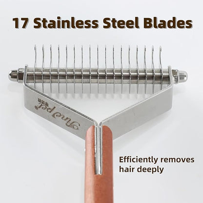 Dog Undercoat Rake Cat Grooming Rake with Wooden Handle Dematting Undercoat Brush for Medium Hair Coat Rake for Dogs Knot Removal and Shedding Control L