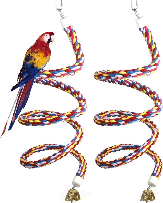 2PCSx 79inch(200cm) Bird Spiral Rope with Golden Bell Perches Birdcage Swing Toys 100% Cotton Natural Bird Perch Peck/Chewing Climbing Standing Bungee Parrot Toys for Regular to Large Size Parrot