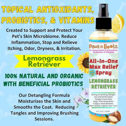 All-in-One Dry Shampoo Spray  100% Natural, Plant-Based. Removes All Pet Odors, Tangles, & Mats. Fast Relief for Itching, Inflammation. Safe to Use on Toys, Clothes, Furniture, Pets. Tear Free. Lemongrass