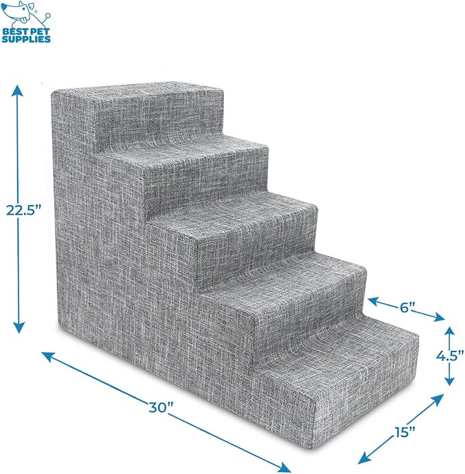 Best Pet Supplies Dog Stairs for Small Dogs & Cats, Foam Pet Steps Portable Ramp for Couch Sofa and High Bed Non-Slip Balanced Indoor Step Support, Paw Safe No Assembly - Ash Gray Linen, 5-Step
