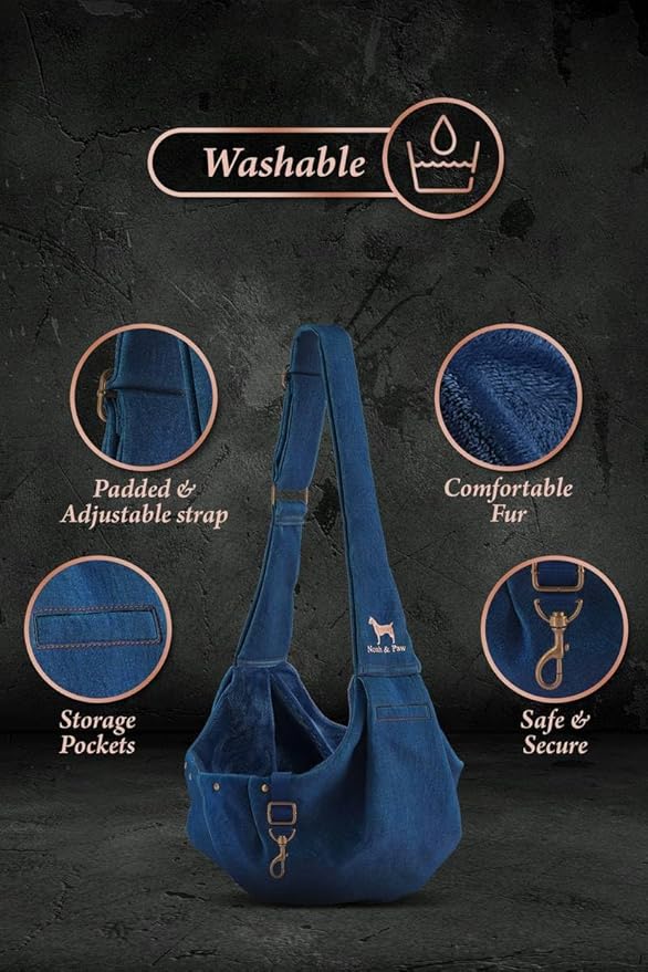 Noah & Paw Dog Sling Carrier for Small Dogs 5-18lb, Dog Sling for Small Dogs and Cats, Dog Carrier with Adjustable Padded Strap, Premium Denim, Lined with Fur, Double Safety Feature, Machine Washable