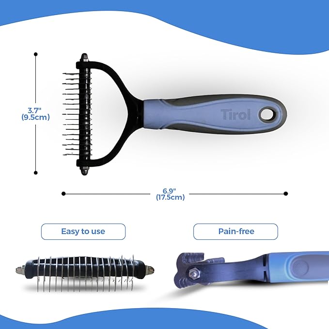 TIROL SUPPLIES Original Pet Grooming Rake - Ergonomic Non-slip Undercoat Rake for Dogs & Cats - Double-Sided Deshedding Dematting Tool - Extra-Wide Deshedding Dog Brush for Long Hair