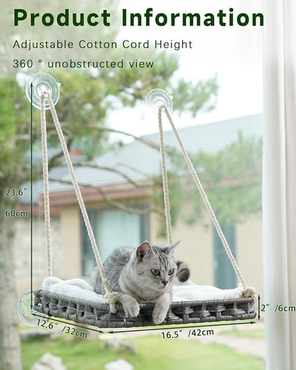 Cat Window Perch, Cat Window Hammock Bed for Indoor Cats, Large Handwoven PE Rattan Window Seat, 4 Suction Cups, Double Sided Washable Cushion Bed, 2.3 Inch Fence Shelf, for Pet Kittens Gray
