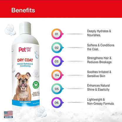 Natural Dog Shampoo for Dry Coats  Intense Hydration & Conditioning with Aloe, Coconut & Jojoba Oil  Moisturizing & Deodorizing Grooming Wash for Sensitive Skin- 16 oz