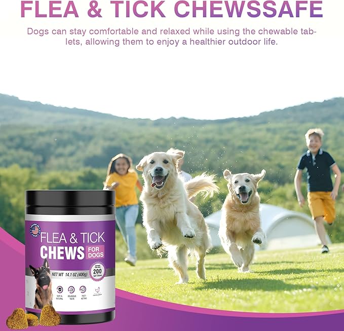 Dog Flea and Tick Treatment Chewable 200 Treatment Chews Natural Soft Chew Fleas Ticks Treatment Dog Oral Chewables Support Supplement Breeds and Ages Dogs Chicken Flavor