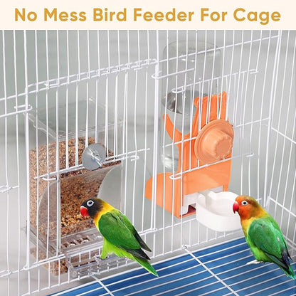 No Mess Bird Feeder for Cage, Automatic Drinker for Parakeet, Canary & Budgies (Orange)