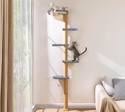 Cat Wall Shelves for Kittens, 83” Floor to Ceiling Cat Tree with Grey Plush Pads, Adjustable Wild Simulation Climbing Tree, Wall-Mounted Cat Tower with Scratching Post for Play, Climb & Scratching