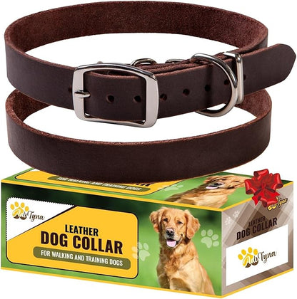 Adityna - Leather Dog Collar for Large Dogs - Classic Style, Soft and Strong, Heavy-Duty Top-Grain Leather Collar for Walking, Training, Hunting, and Running (L - Neck: 19-24 inches, Brown)