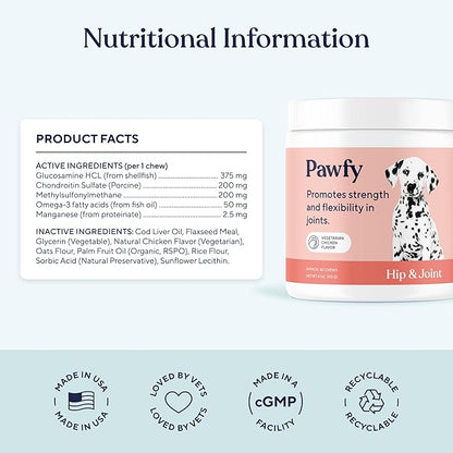 Pawfy Hip & Joint Supplement for Dogs with MSM & Vitamins | Glucosamine Chondroitin for Small, Medium & Large Breed - Supports Mobility & Bones | Glucosamine for Dogs with Omega 3-30 Chews