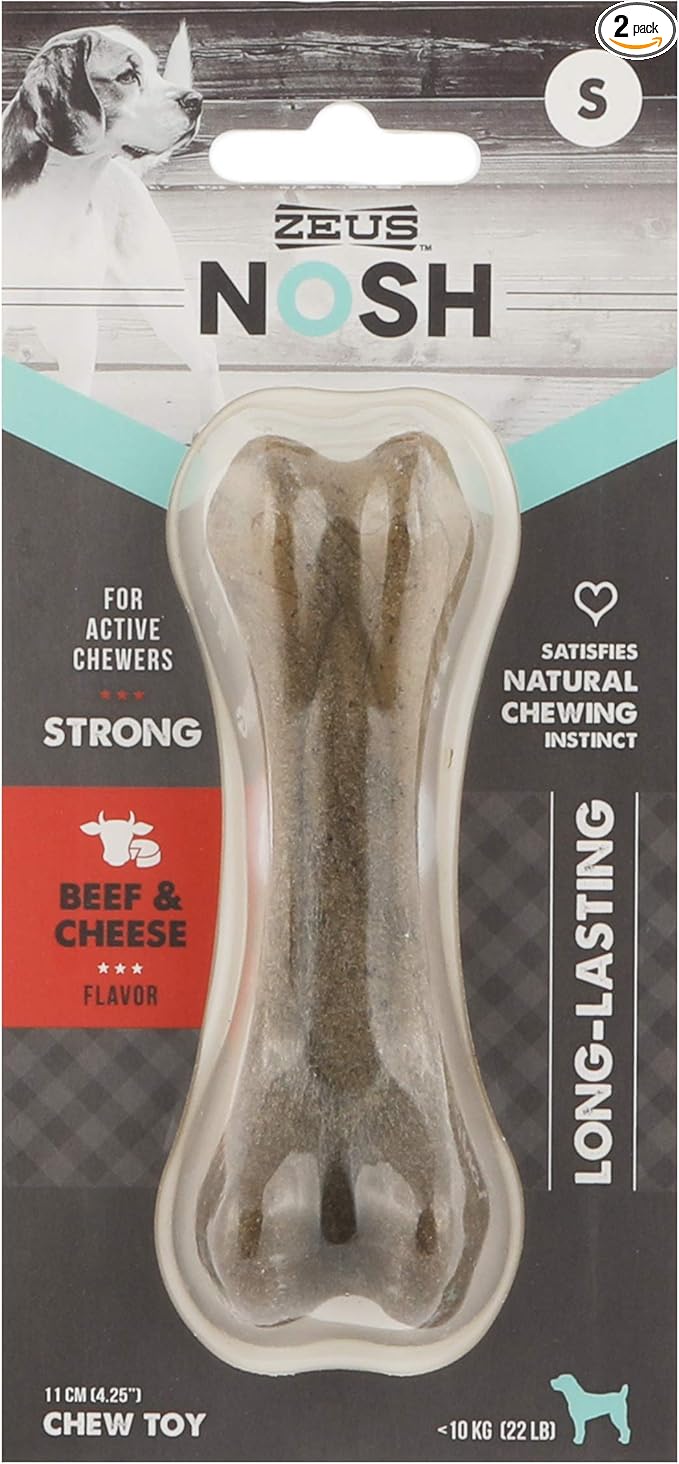 ZEUS Nosh Strong Dog Chew Bones, Dog Chew Toys for Aggressive Chewers, Long Lasting Beef & Cheese Flavor, Small