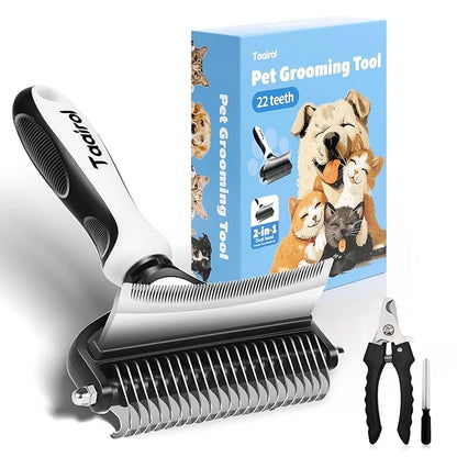 2-in-1 Dog Grooming Rake Dual Sided Deshedding Tool, Undercoat Rake for Long/Short Hair, Gentle Stainless Steel Comb with Ergonomic Handle, Safe Shedding Brush for Dogs & Cats (Extra Large)