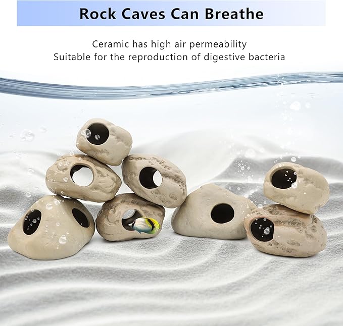 Aquarium Decorations Stackable Ceramic Cave Betta Fish Tank Accessories Rock Cave Decor 8-Piece Set