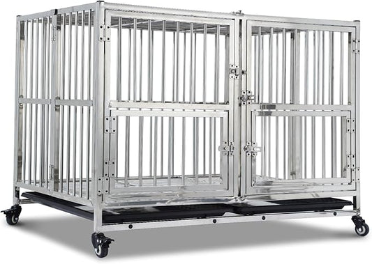 48" Heavy Duty Dog Crate Cage Kennel with Wheels, Full Stainless Steel High Anxiety Indestructible Dog Crate, Sturdy Locks Design, Double Door Small Door Design & Removable Tray Design (Silver)
