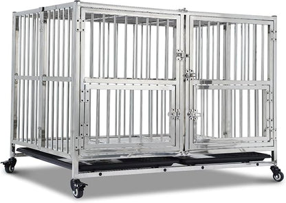 42" Heavy Duty Dog Crate Cage Kennel with Wheels, Full Stainless Steel High Anxiety Indestructible Dog Crate, Sturdy Locks Design, Double Door Small Door Design & Removable Tray Design (Silver)