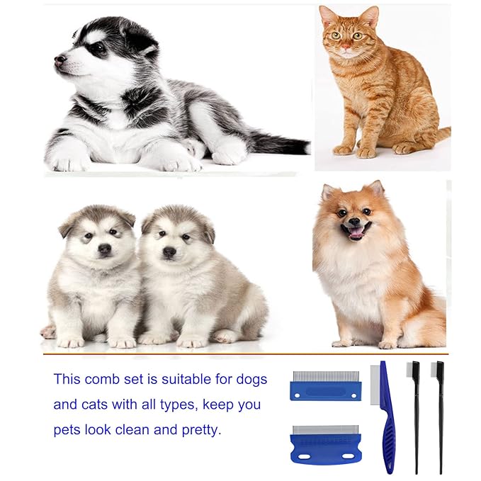5 Pieces Grooming Combs - Tear Stain Remover for Pets, Lice and Flea Remover, Dandruff and Mucus Removal for Small Dogs and Cats