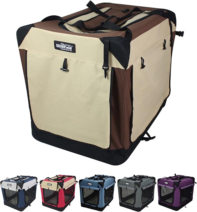 EliteField 4-Door Folding Soft Dog Crate with Curtains, Carrying Bag and Fleece Bed (2 Year Warranty), Indoor & Outdoor Pet Home (36" L x 24" W x 28" H, Brown+Beige)