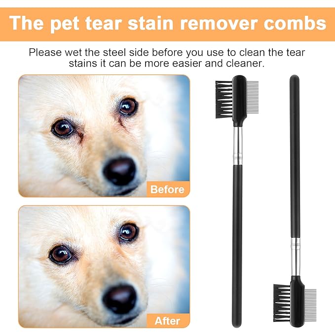 2 Pcs Metal Grooming Comb for Dogs, Double-Sided Tear Stain Remover Combs for Small Dogs, Puppies, and Cats, Eye Cleaning Combs - Removing Tear Stains, Crust, Mucus, and Fleas