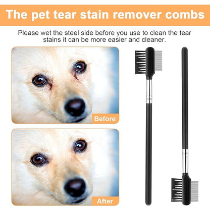 2 Pcs Metal Grooming Comb for Dogs, Double-Sided Tear Stain Remover Combs for Small Dogs, Puppies, and Cats, Eye Cleaning Combs - Removing Tear Stains, Crust, Mucus, and Fleas