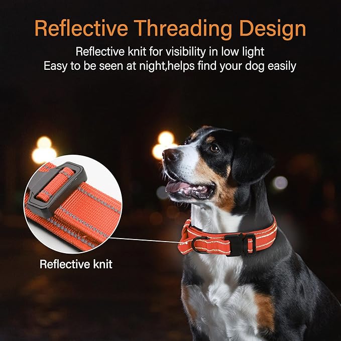 KCUCOP Tactical Dog Collar, Heavy Duty Dog Collar with Handle and Metal Buckle, Military Thick Dog Collars for Medium and Large Dogs(Orange-XL-Reflective, 1 Patch)