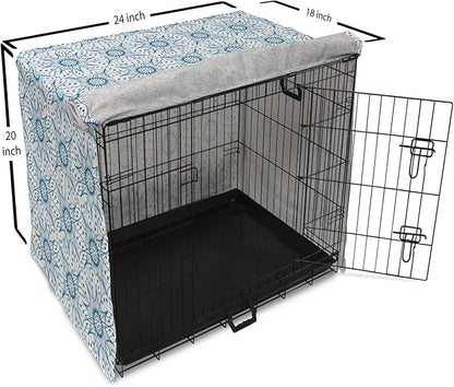 Ambesonne Blue and White Dog Crate Cover, Dutch Tile Design with Large Flowers and Detailed Petals Antique Ethnic, Easy to Use Pet Kennel Cover for Cats & Medium Dogs, 24 Inch, White Blue