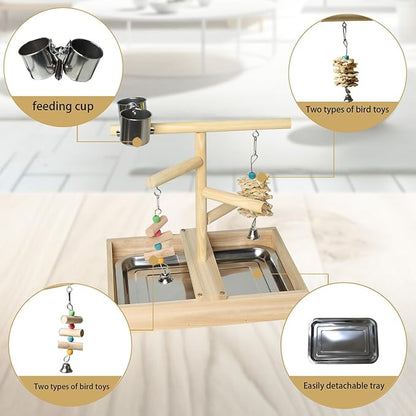 Bird Play Stand with Perch, Two Toys, Two Food Cups, Removable Tray - Suitable for Lovebirds, Cockatiels, Budgies, Parakeets