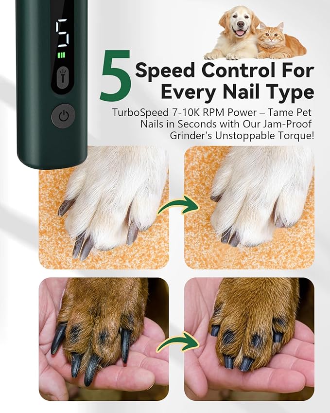 weini Dog Nail Grinder Upgraded-Professional 5-Speed Electric Rechargeable Pet Nail Trimmer Painless Paws Grooming & Smoothing, Sponge Dust Collection for Small Medium Large Dogs&Cats,Green