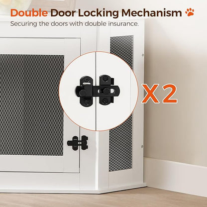 Corner Dog Crate Furniture, Wooden Dog Kennel End Table, Decorative Pet Crate Indoor Use, Furniture Style Dog House for Small Medium Dog, Dog Cage TV Stand, White and Black DCWT0801