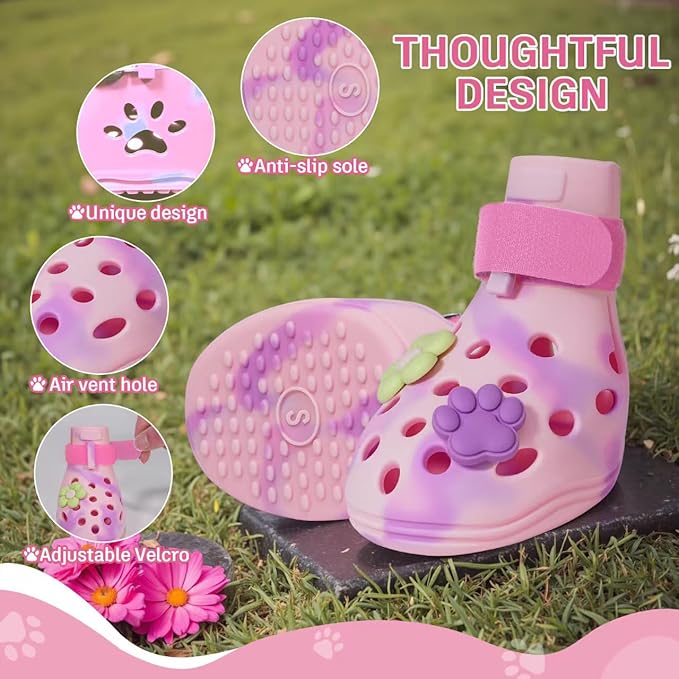 Dog Shoes for Hot Pavement, Adjustable Magic Tape Boots for Small, Medium & Large Dogs, Anti-Slip, Easy to Clean Paw Protectors for Beach, Outdoor & Hot Weather (Pink S)