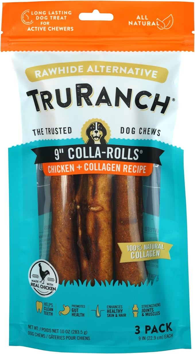 TRURANCH Collagen Rolls - 9" Collagen Rolls for Dogs - Long Lasting Healthy Joint Support Dog Treat - Rawhide Alternative - Skin & Coat Health - Made with Real Chicken, 1 Bag, 3 Count