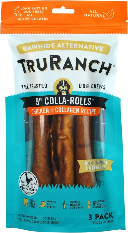 TRURANCH Collagen Rolls - 9" Collagen Rolls for Dogs - Long Lasting Healthy Joint Support Dog Treat - Rawhide Alternative - Skin & Coat Health - Made with Real Chicken, 1 Bag, 3 Count