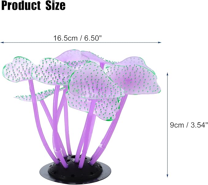 VOCOSTE Soft Silicone Glowing Aquarium Mushroom Coral, Fluorescence Aquatic Artificial Coral for Fish Tank Decoration, Purple