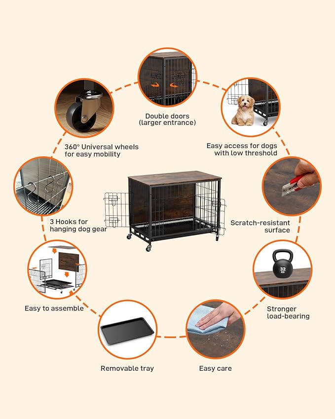Dog Crate Furniture, 32.5" Double-Doors Dog Kennel Indoor with Removable Tray and Wheels, Wooden Dog Crates for Medium Dogs, Dog Kennel Furniture, Decorative Dog Cage End Table, Rustic Brown