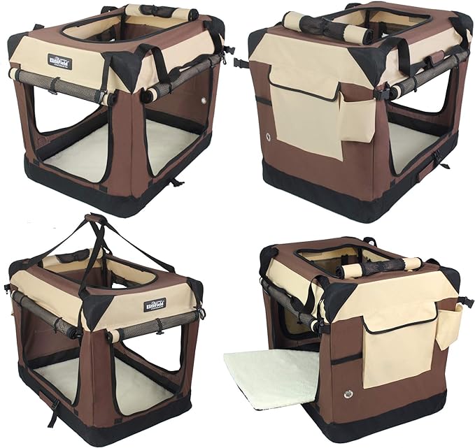 EliteField 4-Door Folding Soft Dog Crate with Curtains, Carrying Bag and Fleece Bed (2 Year Warranty), Indoor & Outdoor Pet Home (24" L x 18" W x 21" H, Brown+Beige)