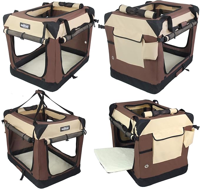 EliteField 4-Door Folding Soft Dog Crate with Curtains, Carrying Bag and Fleece Bed (2 Year Warranty), Indoor & Outdoor Pet Home (36" L x 24" W x 28" H, Brown+Beige)