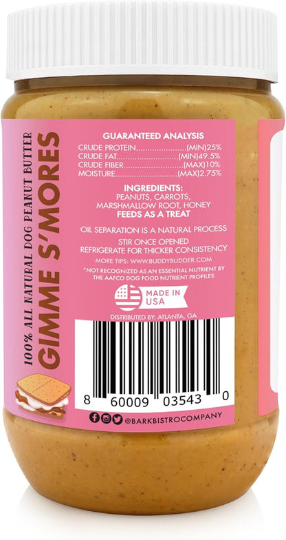 BUDDY BUDDER Gimme S'Mores, 100% Natural Dog Peanut Butter, Healthy Peanut Butter Dog Treats, Stuff in Toy, Dog Pill Pocket, Made in USA, (17 oz Jars)