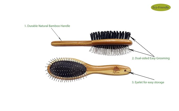 Double Sided Dog Brush - for Long or Short Haired Dogs and Cats Natural Bamboo Eco Friendly Pet Grooming Dual Sided Pin and Bristles for Deshedding Hair