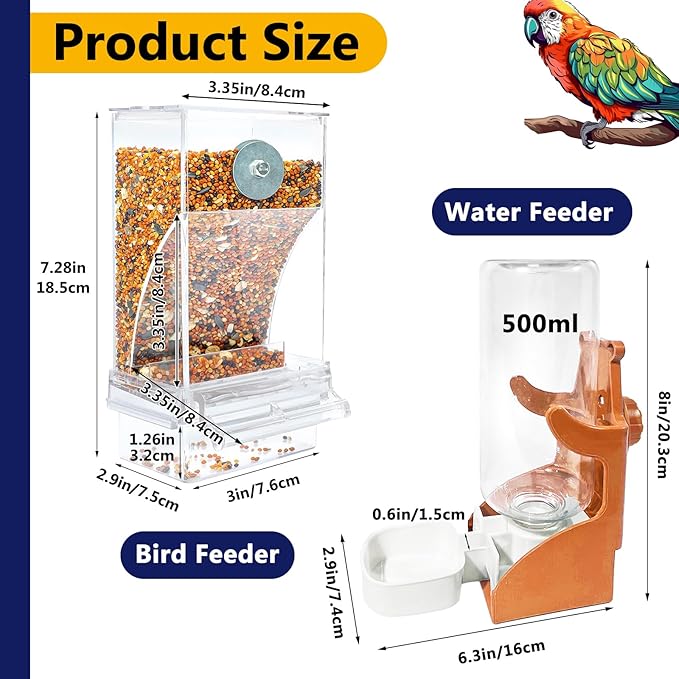 VERTUPET No Mess Bird Feeders with Water Dispenser Automatic Transparent Acrylic Food Container Drinker for Cage Automatic Parrot Feeder Seed Container Cage Accessories (Orange)