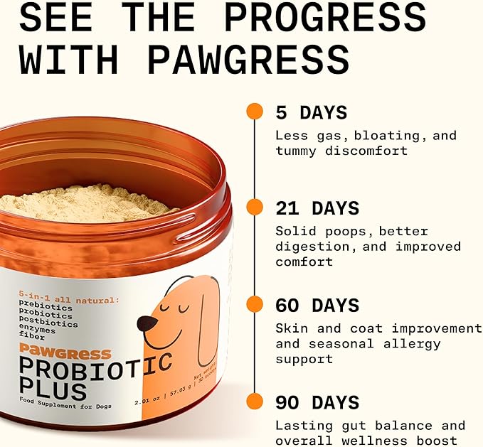 5-in-1 Dog Probiotic Powder – 100% Natural Gut Health Support with Prebiotics, Postbiotics & Enzymes – Crafted by Dog Nutritionist Kayla Kowalski, Made in USA – 30 Scoops