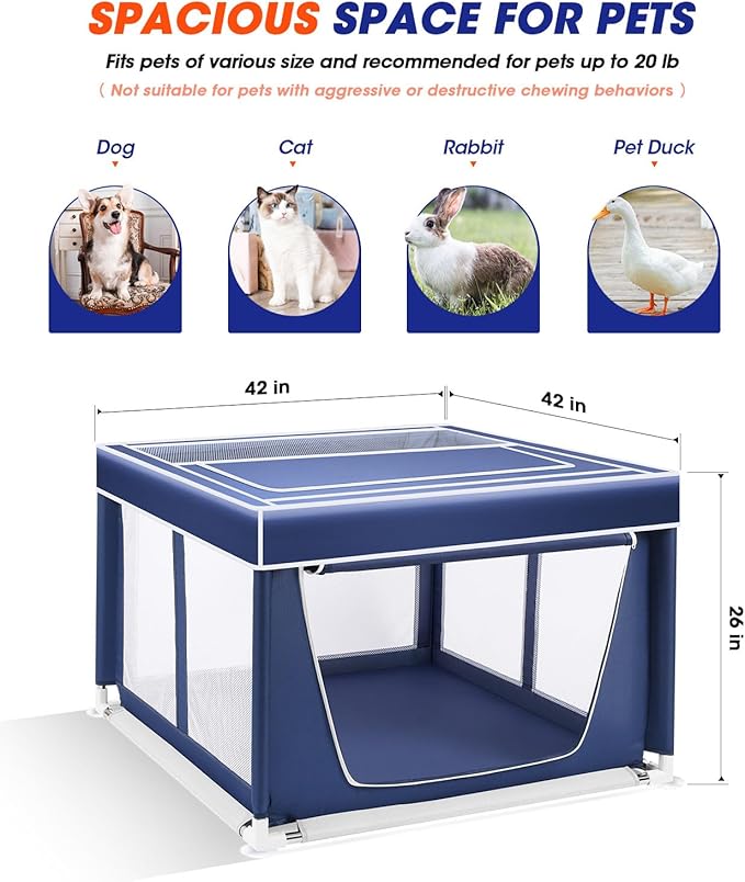 Dog Playpen 42 _ 42 Inch,Breathable Puppy PlayPen with Gate and Removable Cover,Thickened Oxford Fabric Dog Play Pen for Indoor & Outdoor,Safe and Sturdy Pet Fence(Blue White)